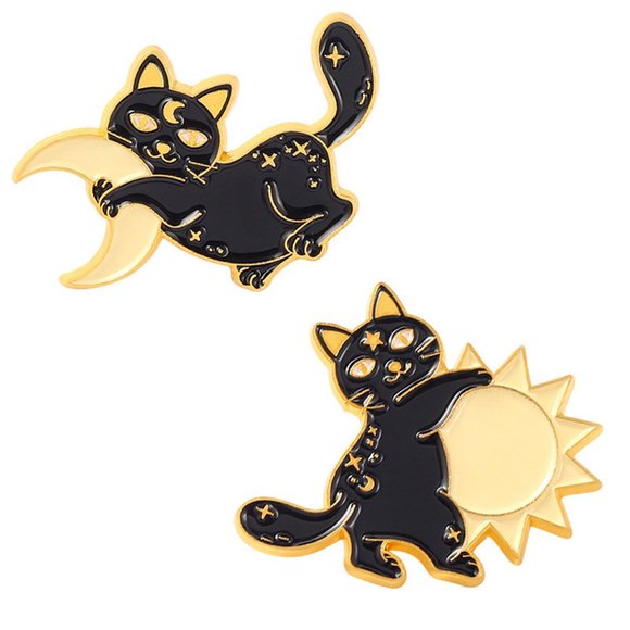 Metal and Enamel Black Cat Sun & Moon Lapel Pins Set of Two (New) - Picture 1 of 4